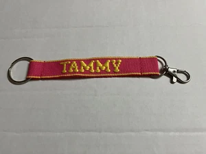 Tammy Embroidered Name Strap Key Rings Keychains with Clasp pink and yellow - Picture 1 of 3