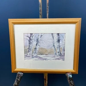 QUADRO ORIGINALE INVERNO BETULLE BOSCO NEVE SCENA ACQUERELLO DIPINTO - Foto 1 di 5