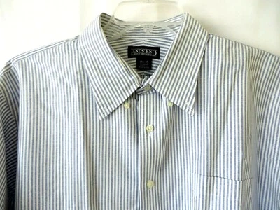 Lands' End Dress Shirt LS Button Collar Blue White Stripe 17.5 35  #11166 - Image 1 of 4
