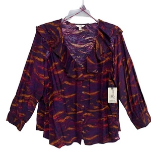 Terra & Sky NEW Ruffled Blouse Top Women's Size 2X Button-Up Long Sleeve Purple - Picture 1 of 9