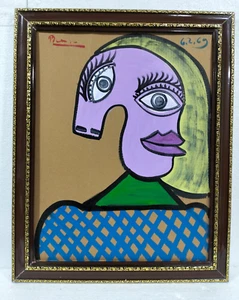 PABLO PICASSO OIL ON CORRUGATED CARDBOARD Buste d'femme WITH FRAME VERY NICE - Picture 1 of 12