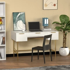 White Wooden Fluted Writing Study Computer Desk Vanity Console Table 3 Drawers - Picture 1 of 6