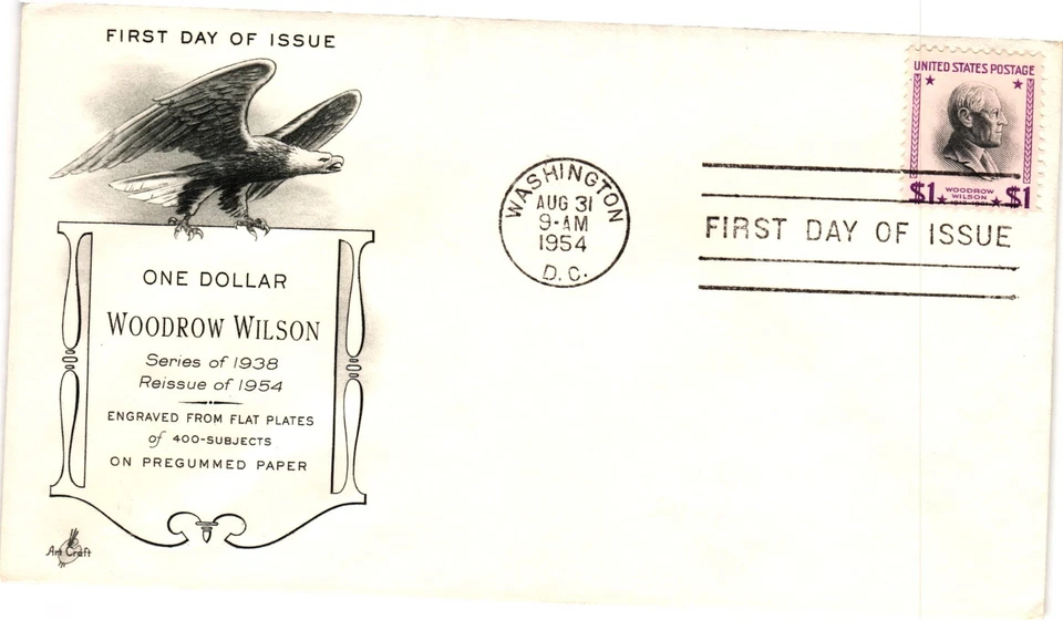 #832C 1954 $1 HIGH VALUE WOODROW WILSON PRESIDENTIAL RE-ISSUE - Artcraft Cachet - Image 1 of 1