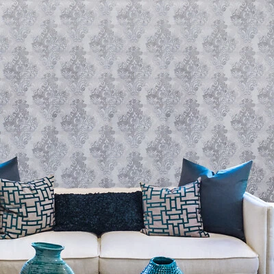 Vintage paper Wallpaper damask gray bronze metallic violet textured double rolls - image 1 of 4