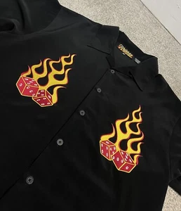 Dragonfly Button Up Mens 2XL Black Flaming Dice Las Vegas Gambling Craps Fire - Picture 1 of 8