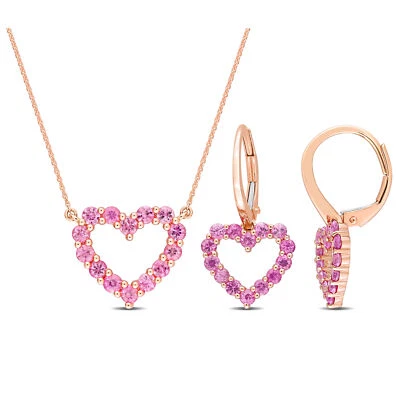Juego de aretes y collar con corazón de zafiro rosa de oro rosa de 10 quilates Amour Foto 1 de 4