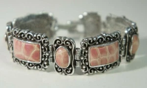 BRIGHTON Silver PARK AVENUE PINK Genuine Leather Inlay Bracelet RARE Perfect - Picture 1 of 5