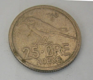 NORWAY -OLAV V- COPPER-NICKEL 25 ORE 1968 KM #  407 -V.F - Picture 1 of 2