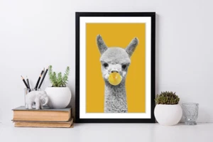 HAPPY ALPACA BUBBLE BLACK AND WHITE YELLOW MUSTARD FRAMED POSTER WALL ART PRINT - Picture 1 of 13