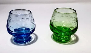 Vintage Set of 2 Miniature Blue Green Snifter Cognac Glass Etched 2” Tall - Picture 1 of 10