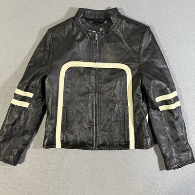 Vintage Wilsons Leather Maxima Large Leather Striped Biker Motorcycle Jacket  - Image 1 of 4