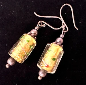 Vintage Earrings MARKED 925 STERLING SILVER Pierced Dangle Yellow Foil Glass - Picture 1 of 3