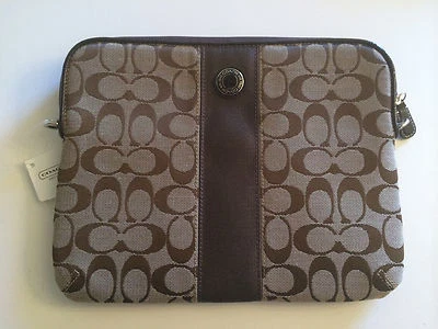NWT COACH Signature Stripe Tablet iPad Khaki / Mahogany Crossbody Bag # 63219 - Image 1 of 3