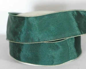 1 Spool #9 Wired Holiday Ribbon - Hunter Green Gold Trim - 5 yards 1 1/4" Wide - Picture 1 of 2