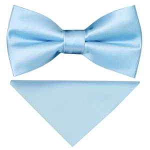 Pre Tied Sky Blue Satin Boys Bow Tie and Pocket Square Set Age 4-7 Wedding Prom - Picture 1 of 4