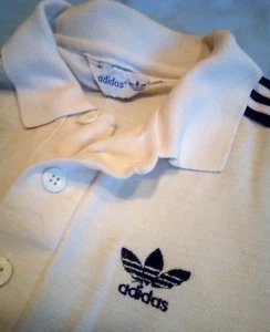 *RARE* Vtg 1970s ADIDAS Trefoil POLO SHIRT M White W/ Blue Shoulder Stripes - Picture 1 of 6