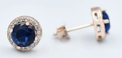 正品 2.20 克拉蓝色和白色蓝宝石耳钉 0.925 银(玫瑰)- 全新带标签 — 第 1/3 张图片