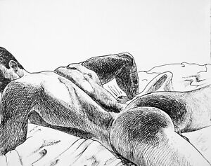 Male Nude Drawing ORAGINAL ink and pen expressionism Fine Art + Signed 6х8 gay