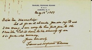 "The Great American Fraud" Samuel Hopkins Adams Note on 3X5 Card