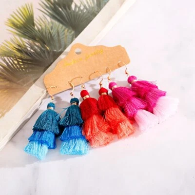 Colorful Gradient Ethnic Tassel Dangle Earrings Set Women Fashion Boho Jewelry - Image 1 of 4