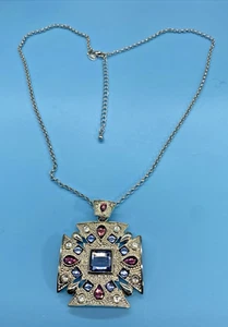 Silver-Tone Maltese Cross Pink Blue Clear Stone Emerald Pear Round Shaped +Chain - Picture 1 of 10