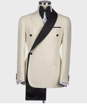 Мужская белая куртка свадебная черная шаль лацкан двубортный деловой банкет - Изображение 1 из 3