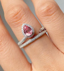 Pretty 2.60Ct Pink Pear Cut Simulated Cz Halo Party Wear 14K White Gold Ring Set