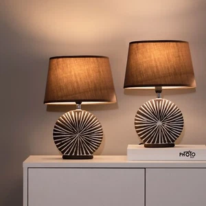 2er Set Nachttischlampen Braun 36cm Tischlampen Keramikfuß Vintage Retro Leuchte - Bild 1 von 8