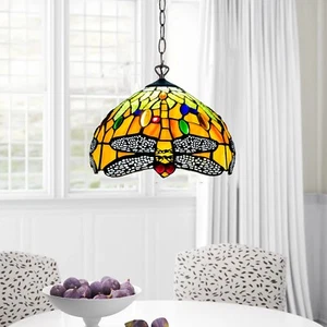 Tiffany Stil gelbe Libelle Hängelampe 10 Zoll Buntglasschirm Handarbeit - Bild 1 von 12