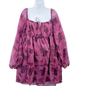 Chi Chi London Tiered Mesh Mini Dress, Size UK 24, Pink Floral - Picture 1 of 19
