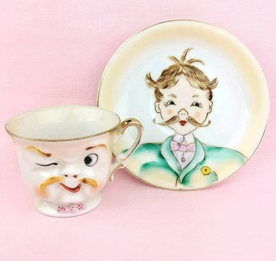 Taza y platillo pintados a mano vintage años 50 Ardalt Lenwile China Winking Man Japón Foto 1 de 4
