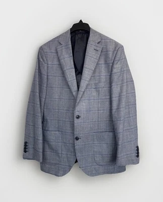 Hart Schaffner Marx Unstructured Mens L Blazer Blue Plaid Sport Coat Linen Wool - Image 1 of 4
