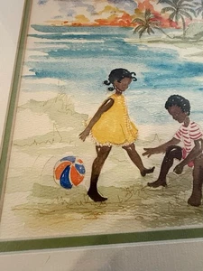 Vtg 1972 Jenny Dunn Nassau Children with Beach Ball Framed Watercolor Palm Trees - Picture 1 of 11