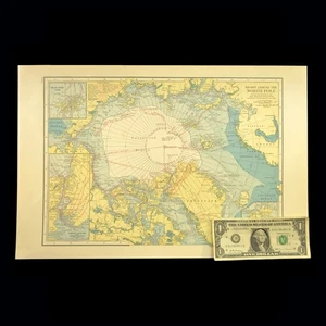 Vintage NORTH POLE Map of Polar Regions Explorations Old Original 1920s Antique - Picture 1 of 13