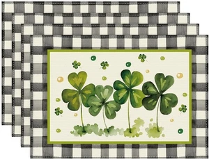NEW 4 St Patrick's Day Placemats 12"x18" Green Shamrock Clovers Buffalo Plaid - Picture 1 of 6