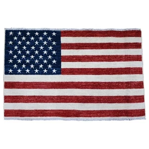2'5"x4' Red Wall Hanging American Flag Hand Knotted All Wool Peshawar Rug G89804 - Picture 1 of 6