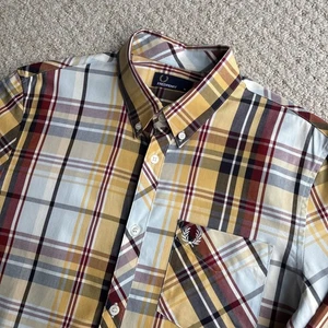 Fred Perry Bold Check Shirt Long Sleeve Yellow White Mod Mens Size Medium - Picture 1 of 15