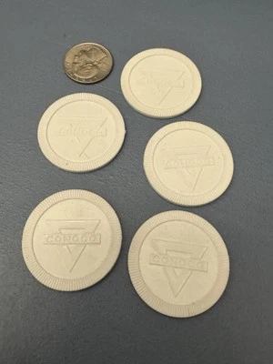 ЛОТ из 5 - ВИНТАЖНЫХ 50-х 60-х CONOCO ТРЕУГОЛЬНИК ЛОГОТИП ПОКЕР ФИШКИ БЕЛЫЙ ПОНКА ГОРОД  - Изображение 1 из 2
