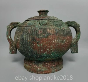 13.6" Old Chinese Bronze Ware Dynasty Dragon Beast Handle Wine Vessel Wine Pot - Picture 1 of 9