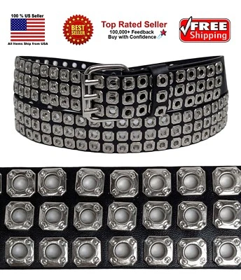 Silver 3Holes Rows Square Grommets Black Bonded Leather Belt - Image 1 of 4