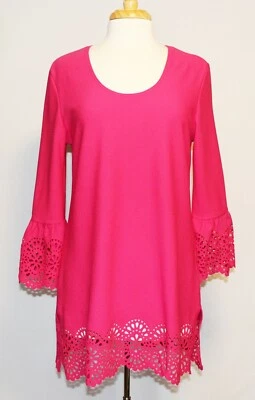 HSN Slinky Brand Azalea Pink Flounce Sleeve Tunic Top with Laser Cut Trim NWT - Image 1 of 4