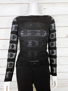 Max Studio Womens Blouse Petite Sz MP Black Floral Embroidered Long Sleeve Lined - Picture 1 of 6