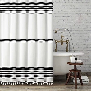 Black & White Striped Fabric Shower Curtain with Tassels, 72x84, Seasonwood - Picture 1 of 4
