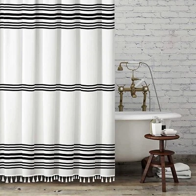 Black & White Striped Fabric Shower Curtain with Tassels, 72x84, Seasonwood - Image 1 of 4