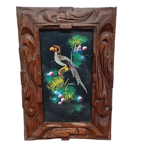 Vintage Feathercraft Bird Art With Original Hand Carved Wood Frame - Picture 1 of 4
