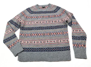 J.Crew Fair Isle Sweater Mens Small Gray Red 100% Wool Long Sleeve Crew Neck - Picture 1 of 10