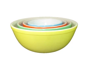 VTG Pyrex Primary Color 4 Bowl Mixing Set Yellow Green Red Blue 401 402 403 404 - Bild 1 von 13