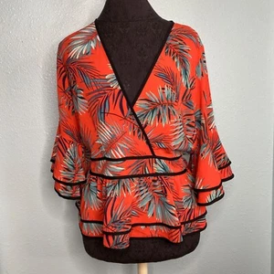 Day G Blouse Shirt Top Women Size Large Orange Tropical Leaf V-Neck Summer - Picture 1 of 11