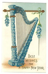 Stehende Harfe blaue BLUMEN FROHES NEUES JAHR Musik Postkarte geprägt 1908 DB - Bild 1 von 2