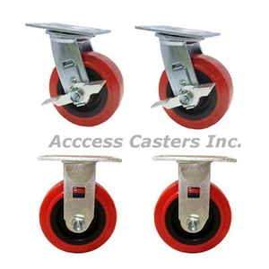 Set of 4 Casters 8" Polyurethane on Poly Wheel 2 Rigid 2 Swivel BRAKE - Picture 1 of 3